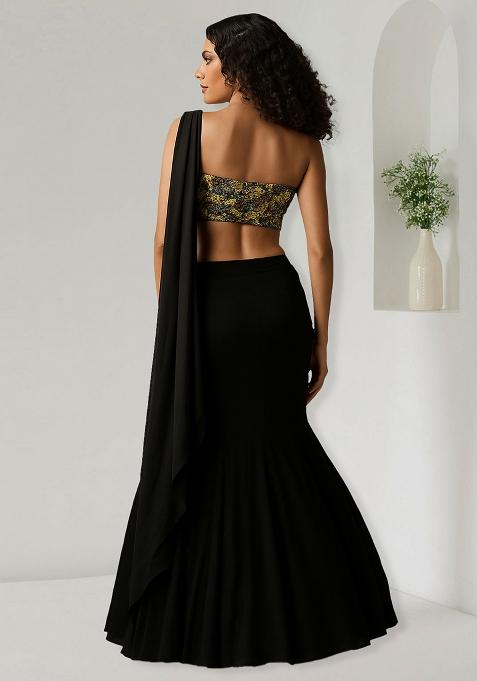 Black Net Sequin Embellished Pre Draped Saree Set