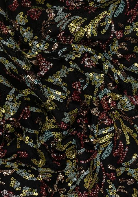 Black Net Sequin Embellished Pre Draped Saree Set