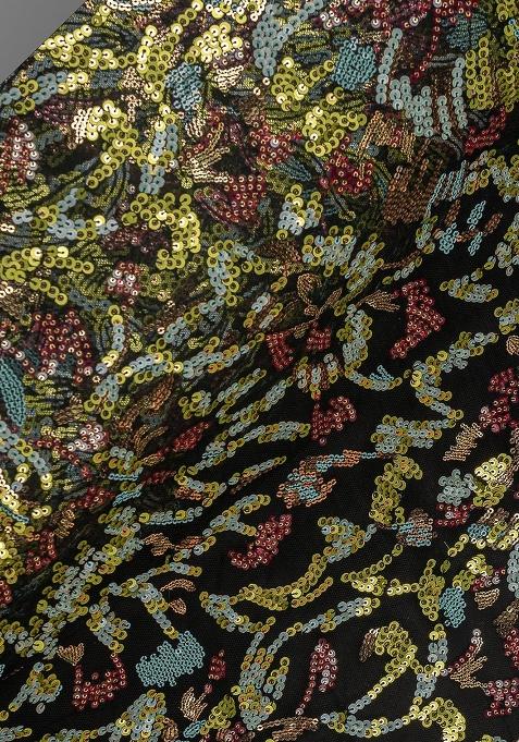 Black Net Sequin Embellished Pre Draped Saree Set