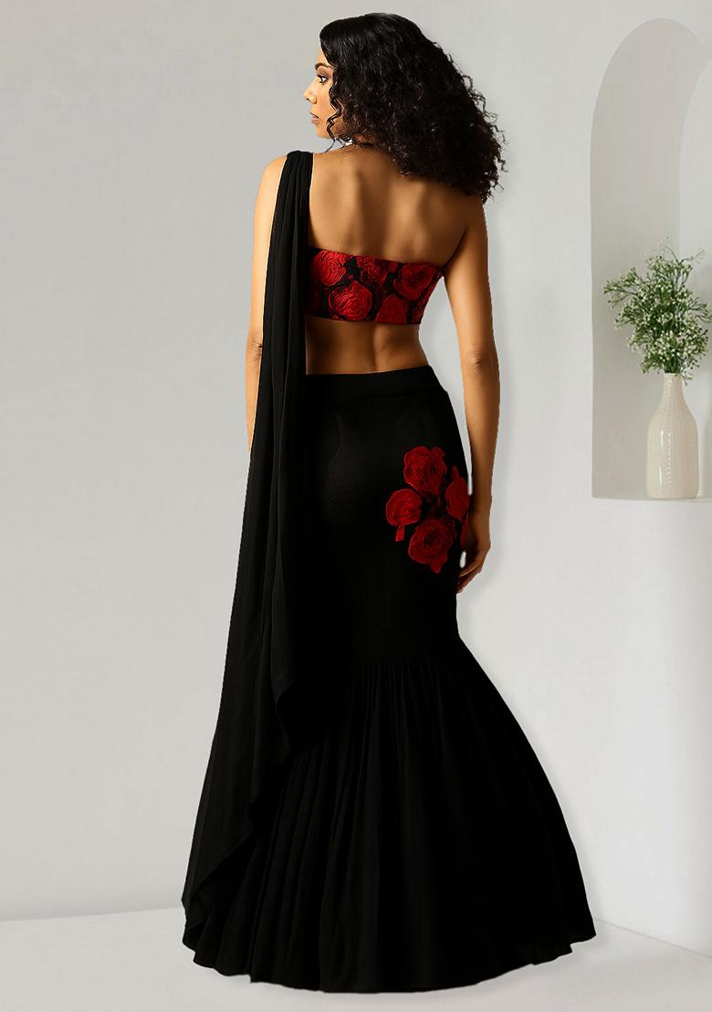 Black Net Sequin Embellished Pre Draped Saree Set - Indya