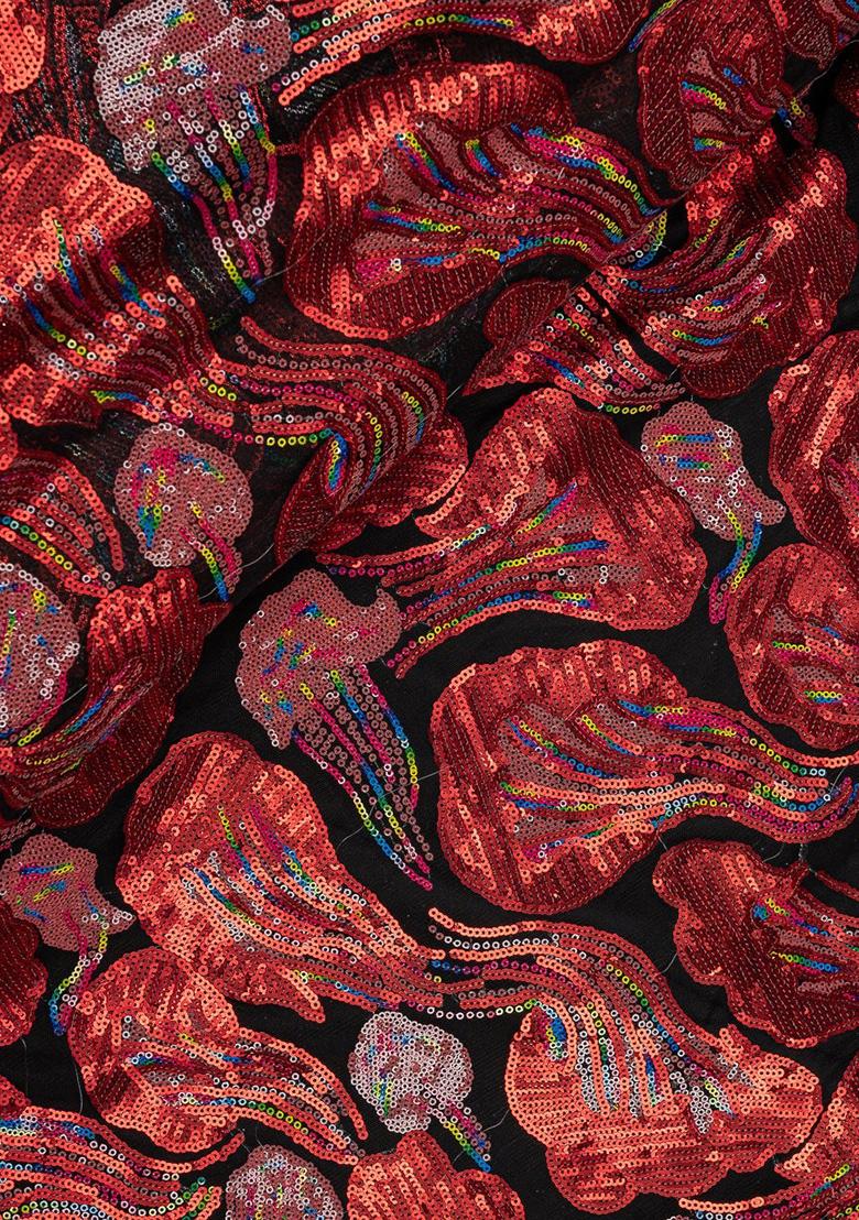 Black Net Sequin Embellished Pre Draped Saree Set - Indya