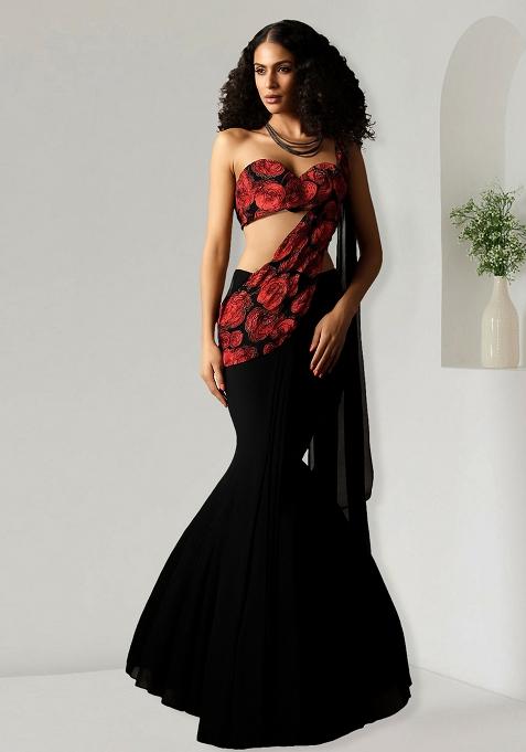 Black Net Sequin Embellished Pre Draped Saree Set