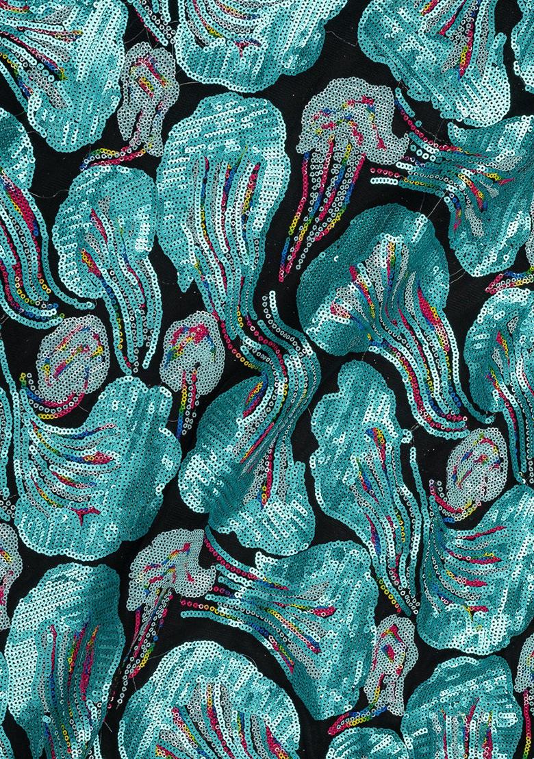 Black Net Sequin Embellished Pre Draped Saree Set - Indya