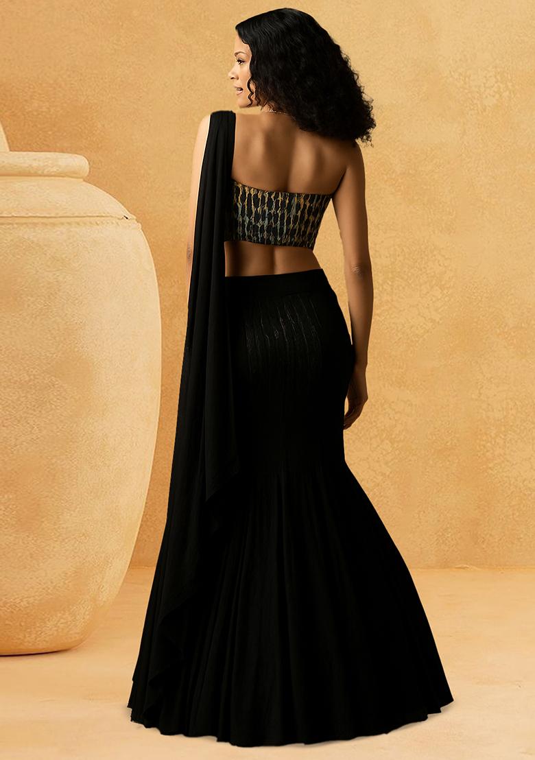 Black Net Sequin Embellished Pre Draped Saree Set - Indya