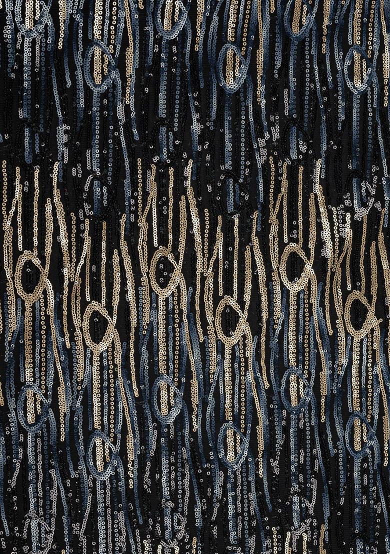 Black Net Sequin Embellished Pre Draped Saree Set - Indya