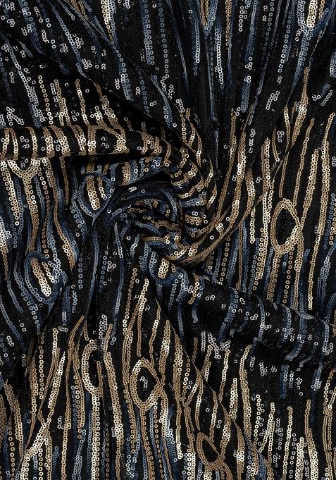 Black Net Sequin Embellished Pre Draped Saree Set