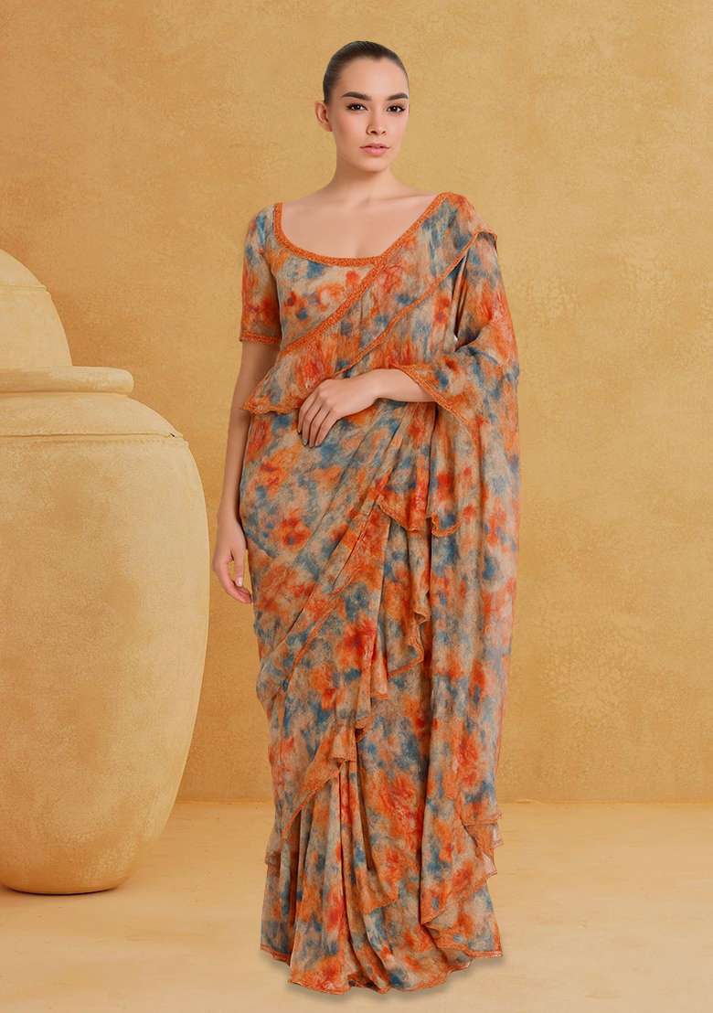 Multicolor Chiffon Floral Printed Pre Draped Set for Diwali | Wedding & Festive Wear - Indya