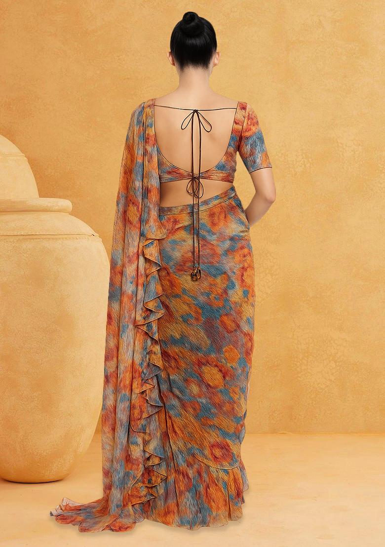 Multicolor Chiffon Floral Printed Pre Draped Set - Indya
