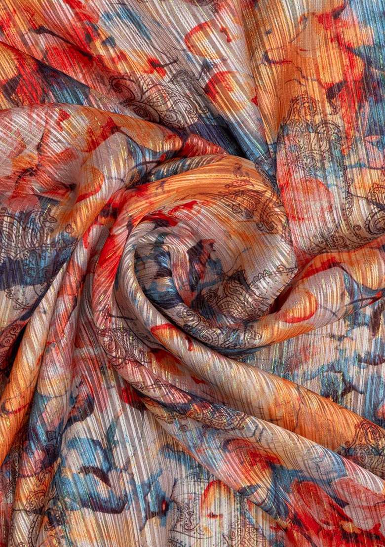 Multicolor Chiffon Floral Printed Pre Draped Set for Diwali | Wedding & Festive Wear - Indya