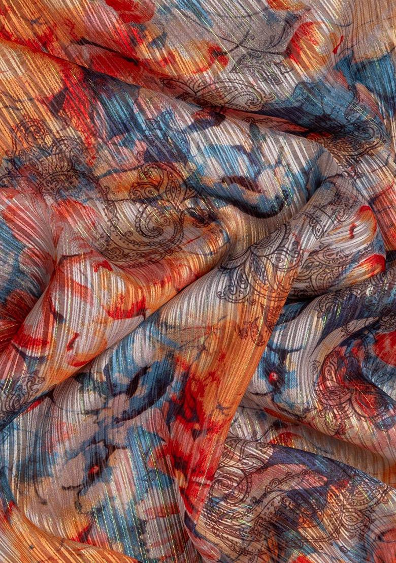 Multicolor Chiffon Floral Printed Pre Draped Set - Indya