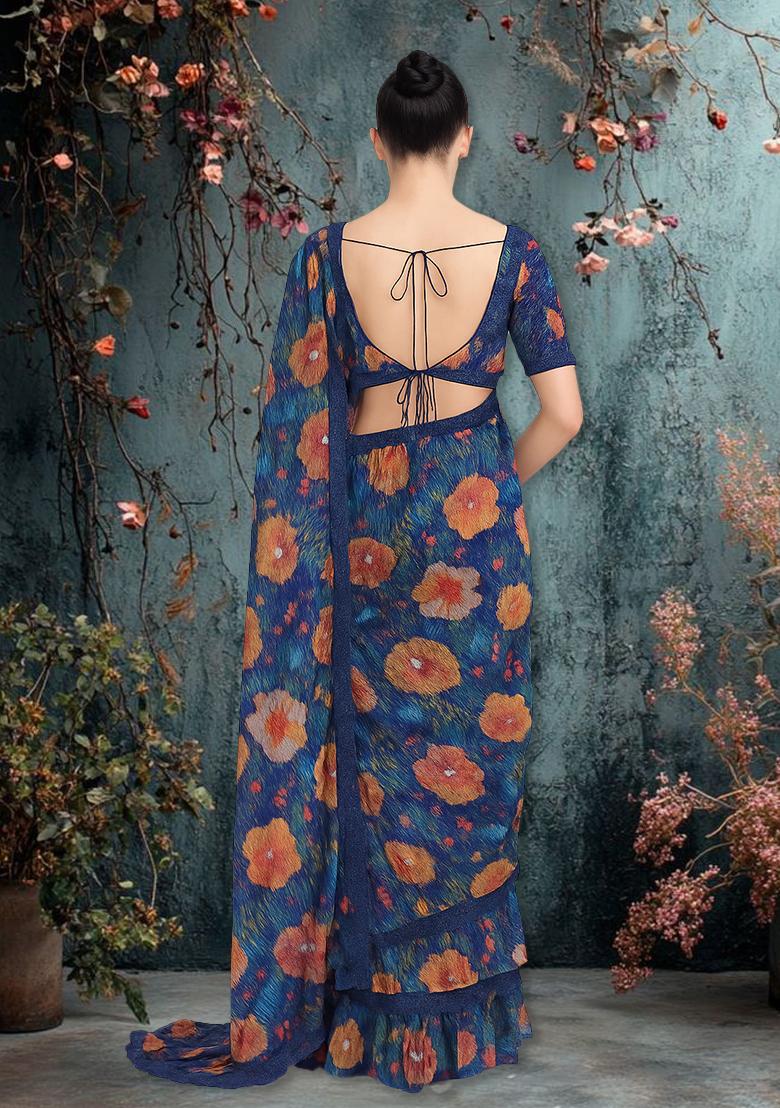 Blue Chiffon Floral Printed Pre Draped Saree Set - Indya