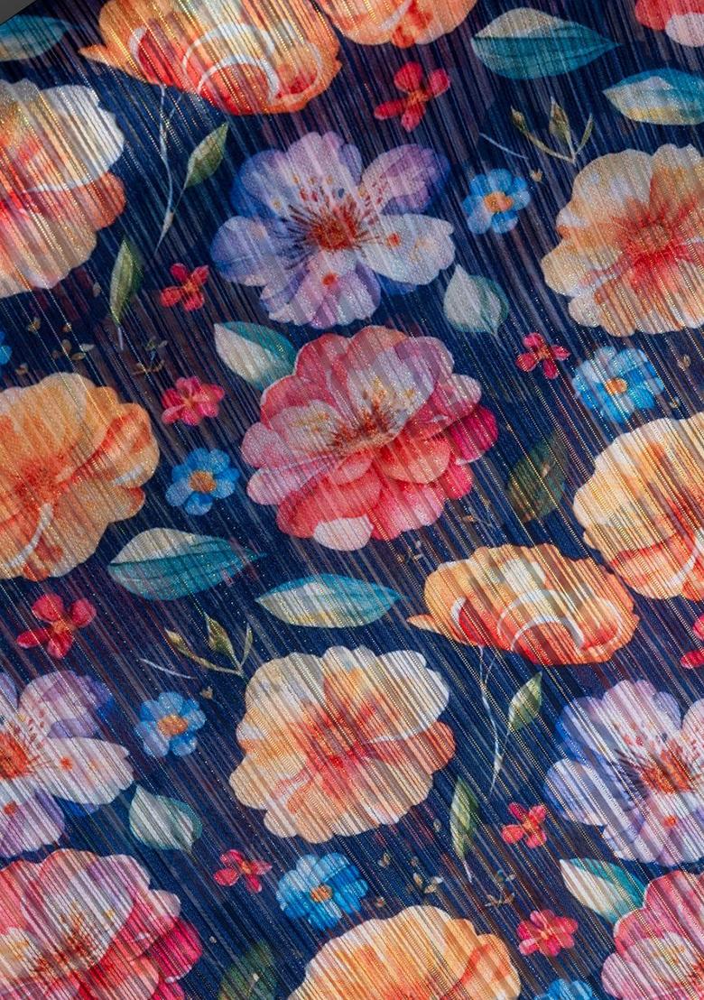 Blue Chiffon Floral Printed Pre Draped Saree Set - Indya