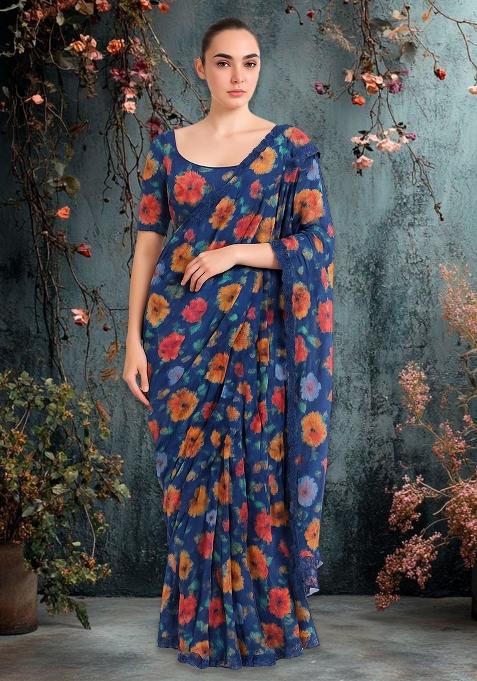 Blue Chiffon Floral Printed Pre Draped Saree Set — view on Indya