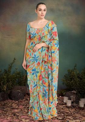 Pastel Blue Chiffon Floral Printed Pre Draped Saree Set