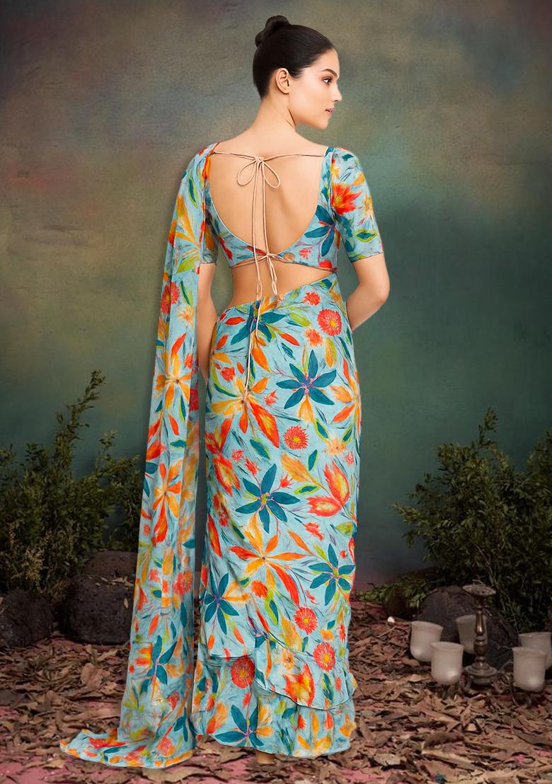 Pastel Blue Chiffon Floral Printed Pre Draped Saree Set