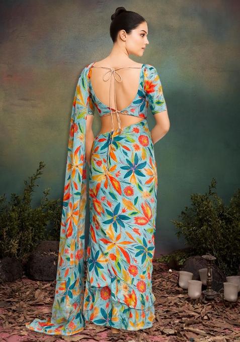 Pastel Blue Chiffon Floral Printed Pre Draped Saree Set