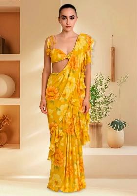Yellow Chinon Chiffon Floral Printed Pre Draped Saree