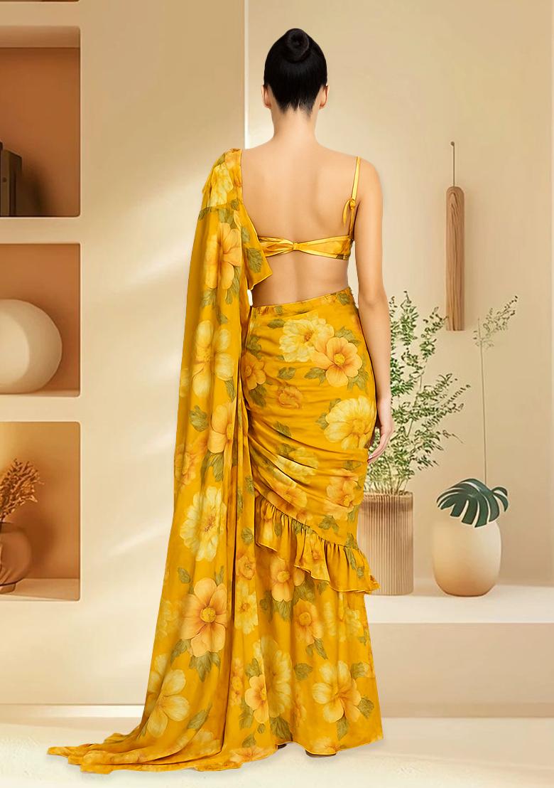 Yellow Chinon Chiffon Floral Printed Pre Draped Saree - Indya