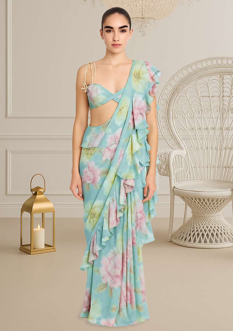Sky Blue Chinon Chiffon Floral Printed Pre Draped Saree - Indya