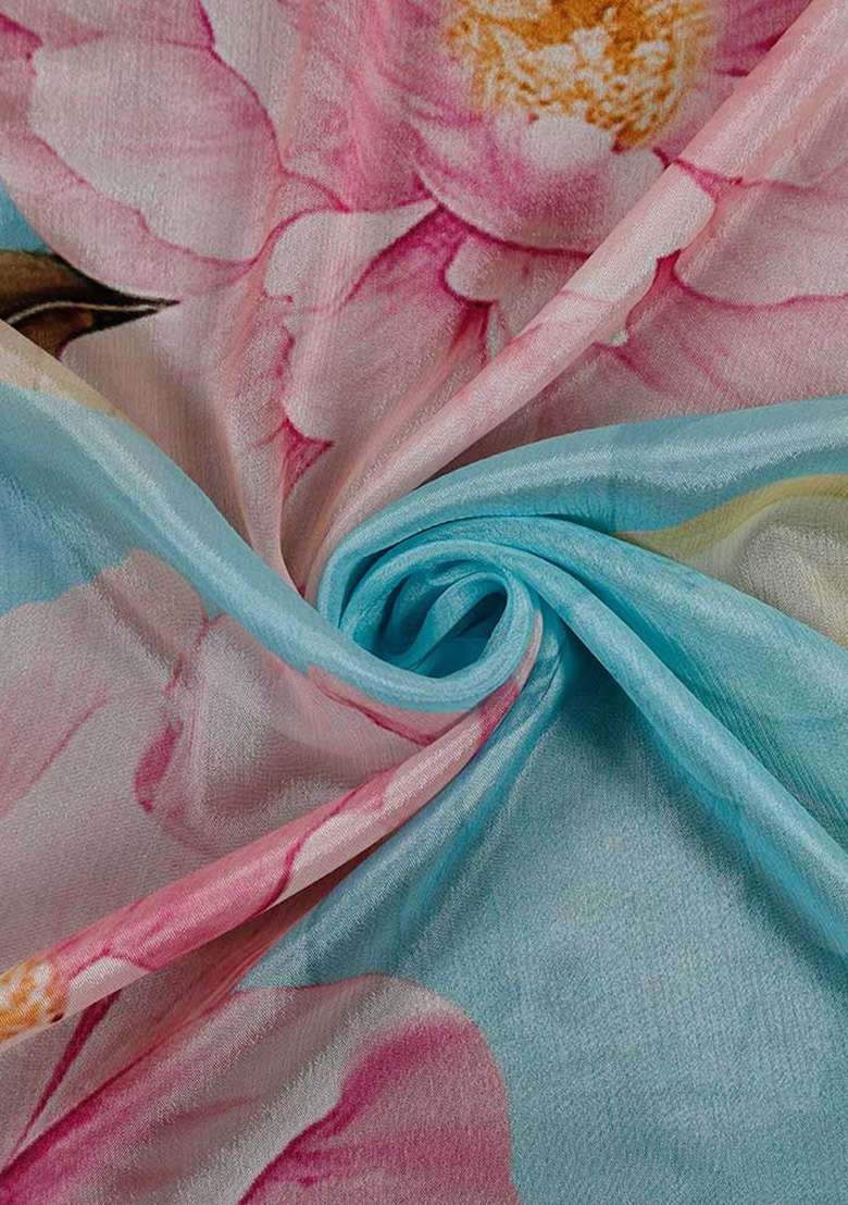 Sky Blue Chinon Chiffon Floral Printed Pre Draped Saree - Indya