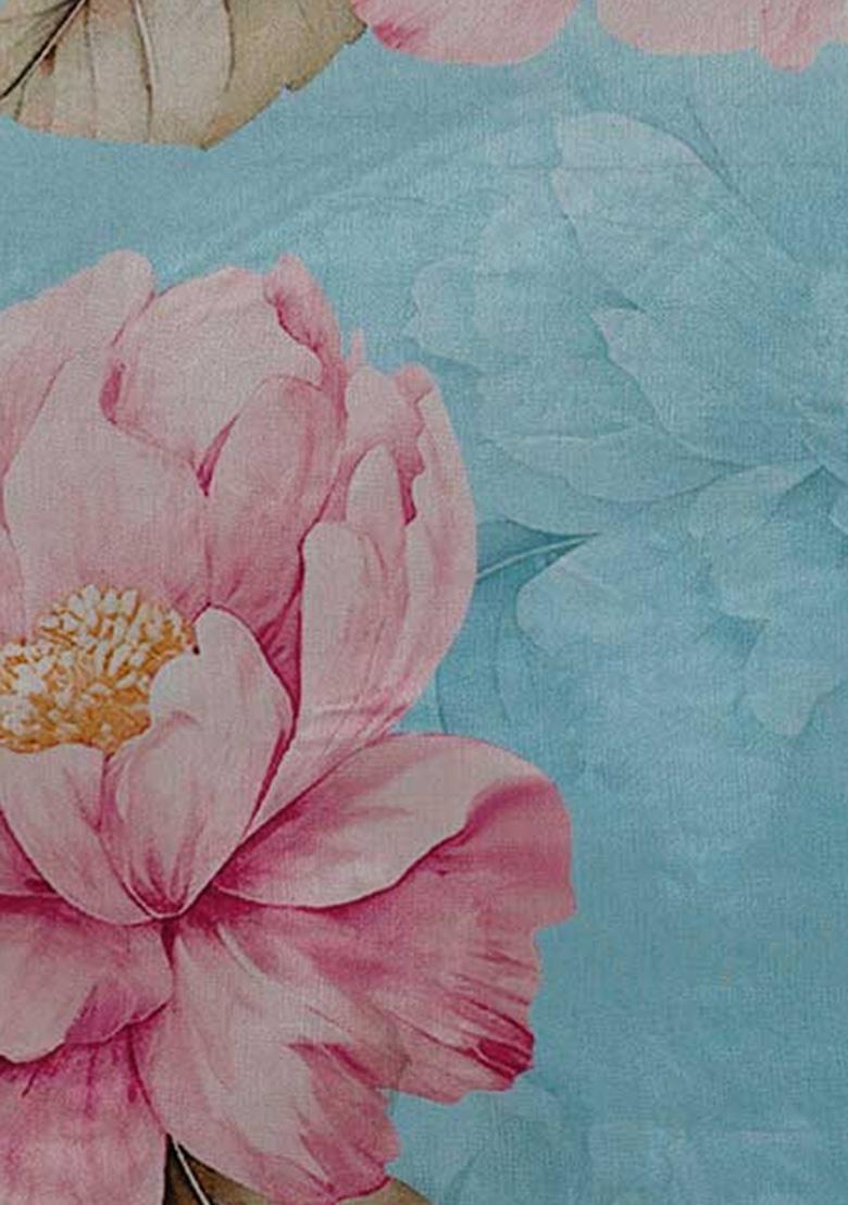 Sky Blue Chinon Chiffon Floral Printed Pre Draped Saree - Indya