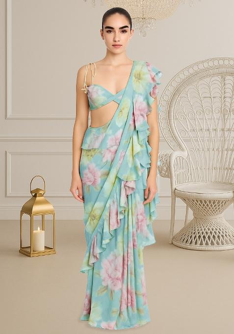 Sky Blue Chinon Chiffon Floral Printed Pre Draped Saree