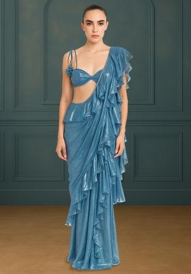 Blue Chiffon Pre Draped Saree