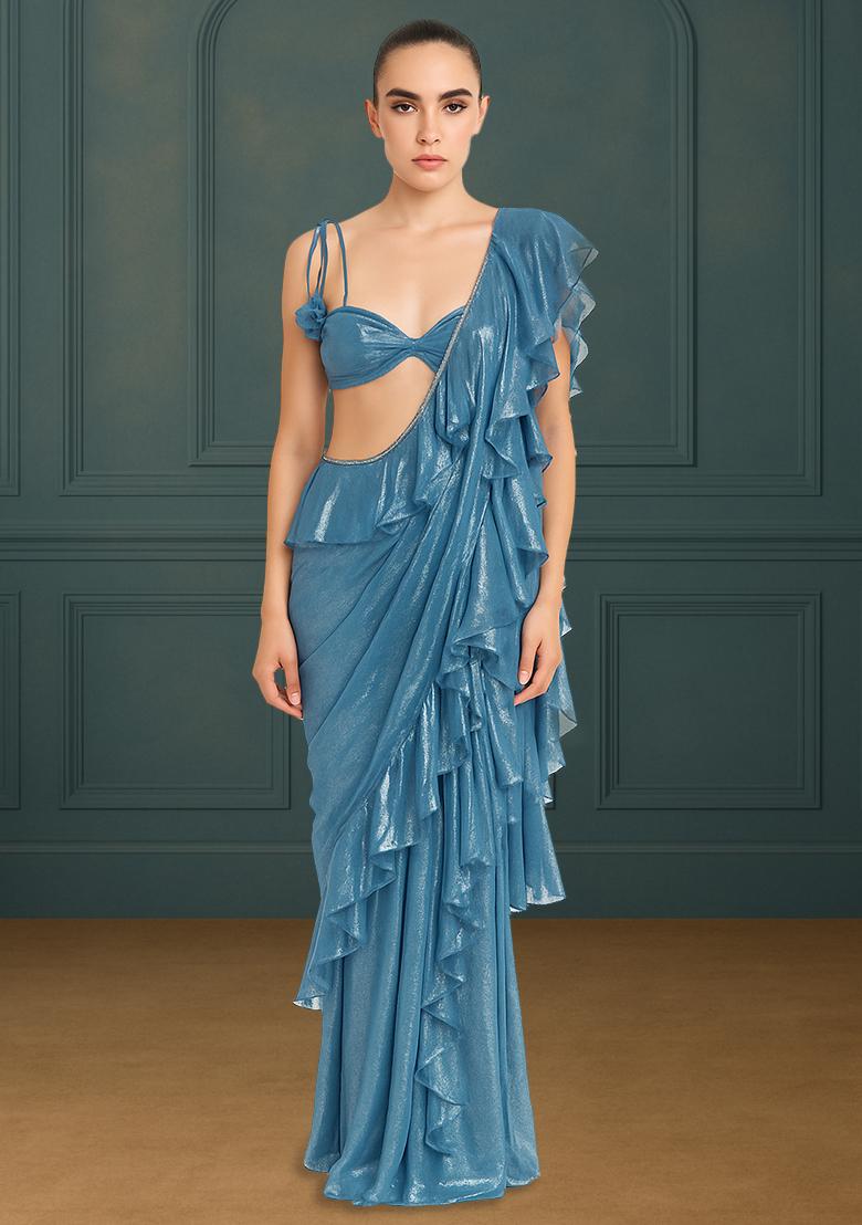 Blue Chiffon Pre Draped Saree