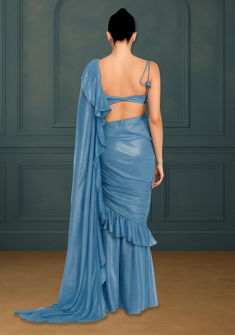 Blue Chiffon Pre Draped Saree