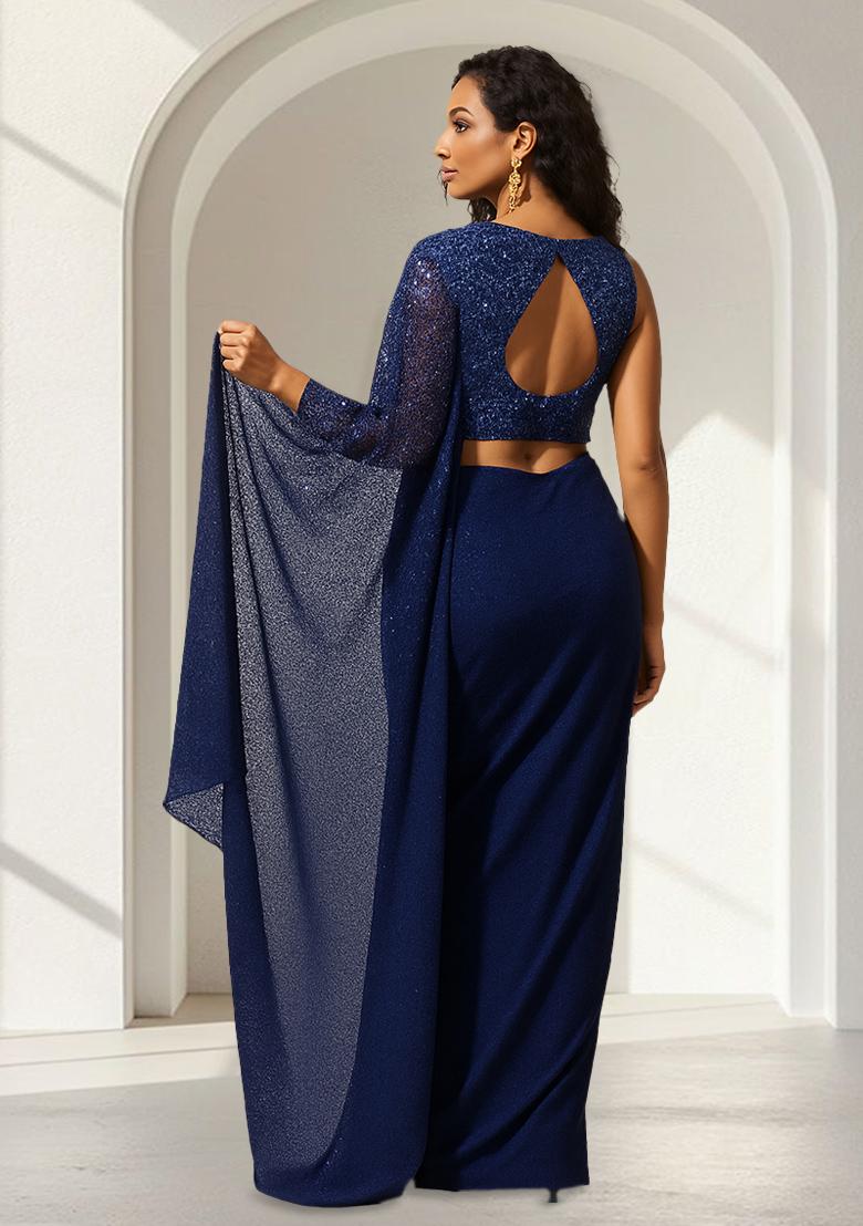 Navy Blue Georgette Embroidered Fusion Set - Indya