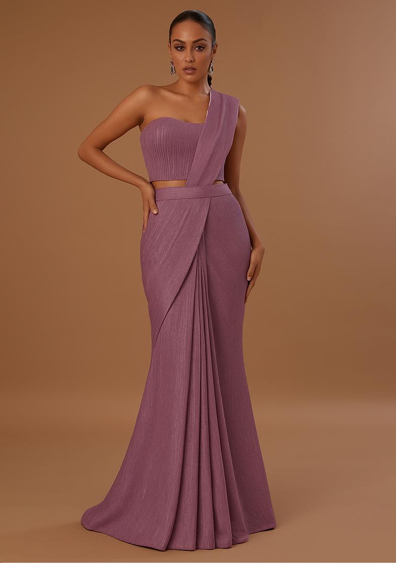 Purple Knit Textured Pre Draped Saree