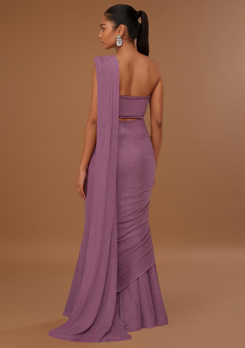 Purple Knit Textured Pre Draped Saree
