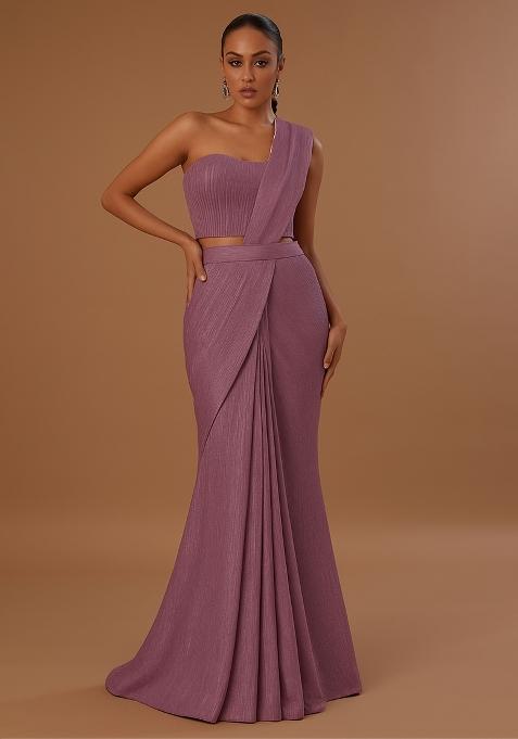 Purple Knit Textured Pre Draped Saree