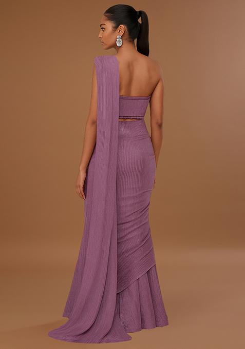 Purple Knit Textured Pre Draped Saree