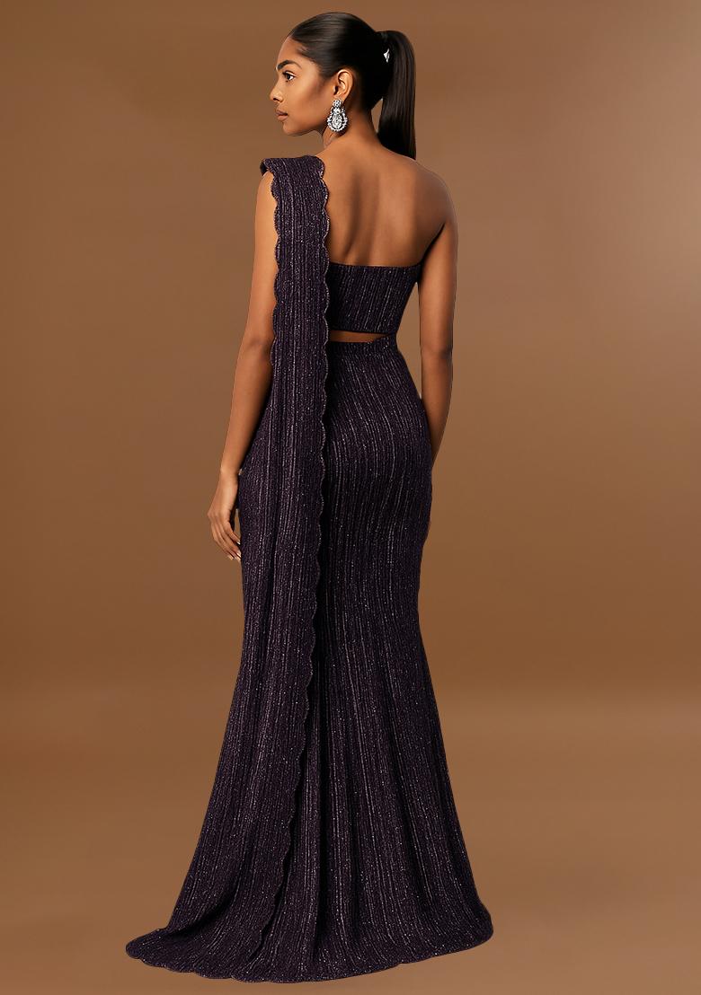 Dark Purple Knit Textured Lehenga Set - Indya