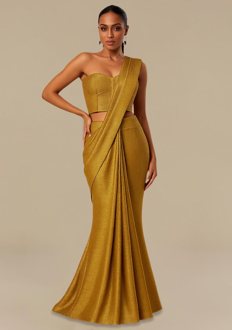 Golden Knit Textured Pre Draped Saree