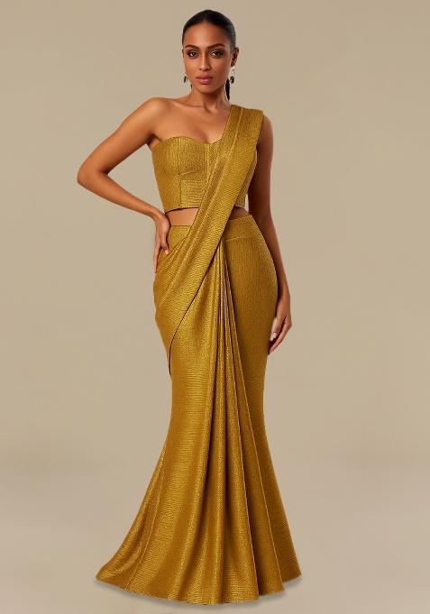 Golden Knit Textured Pre Draped Saree