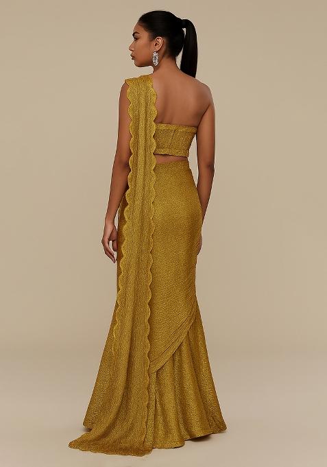 Golden Knit Textured Pre Draped Saree
