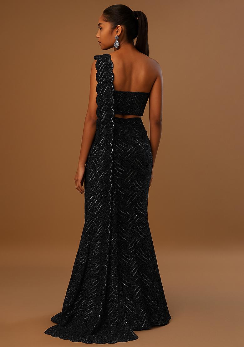 Black Knit Glitter Pre Draped Saree