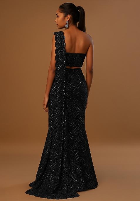 Black Knit Glitter Pre Draped Saree