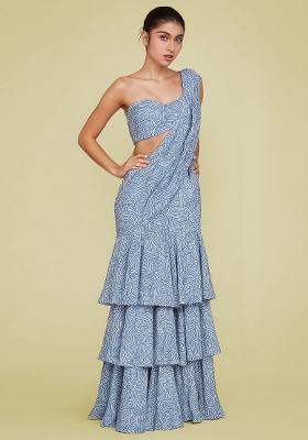 Blue And White Crepe Abstract Printed Pre Draped Saree Set