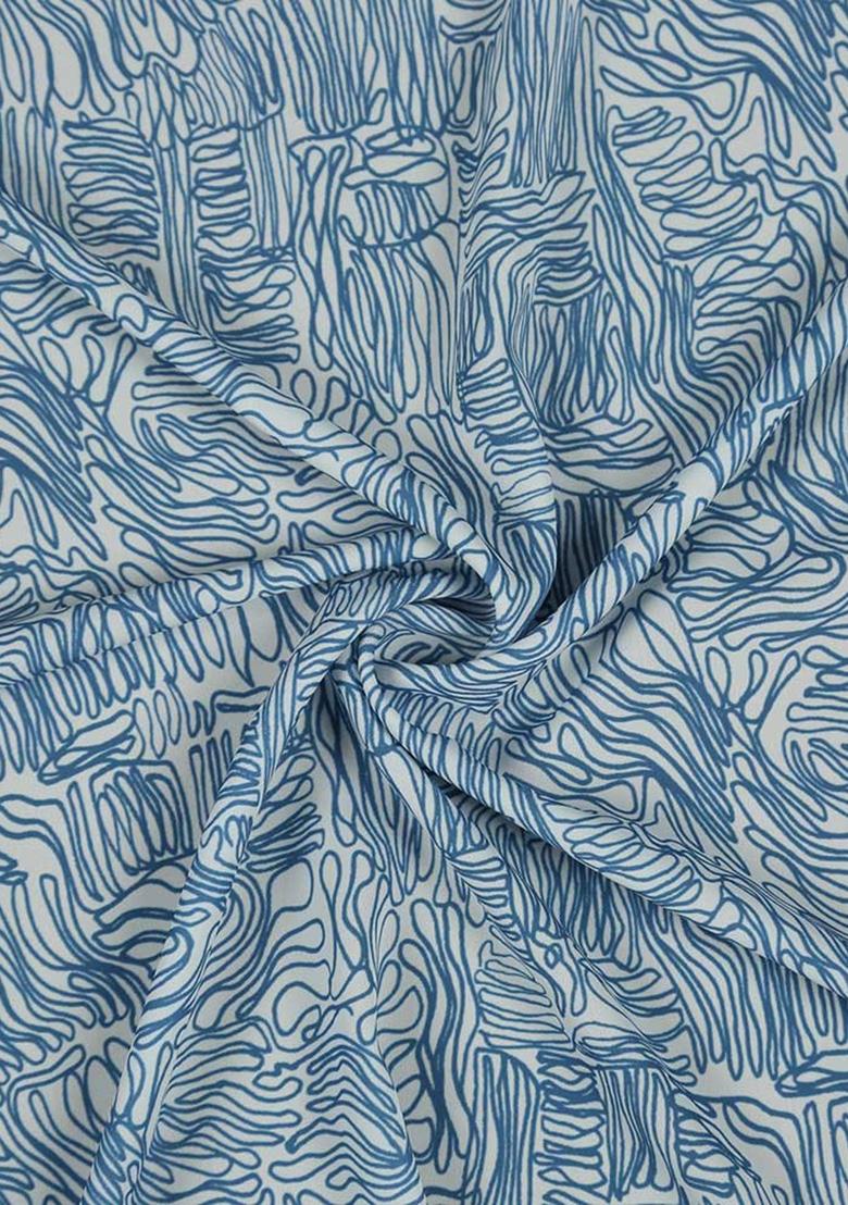 Blue And White Crepe Abstract Printed Pre Draped Saree Set