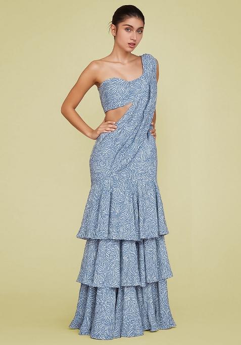 Blue And White Crepe Abstract Printed Pre Draped Saree Set