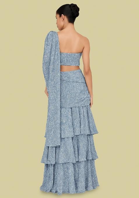 Blue And White Crepe Abstract Printed Pre Draped Saree Set