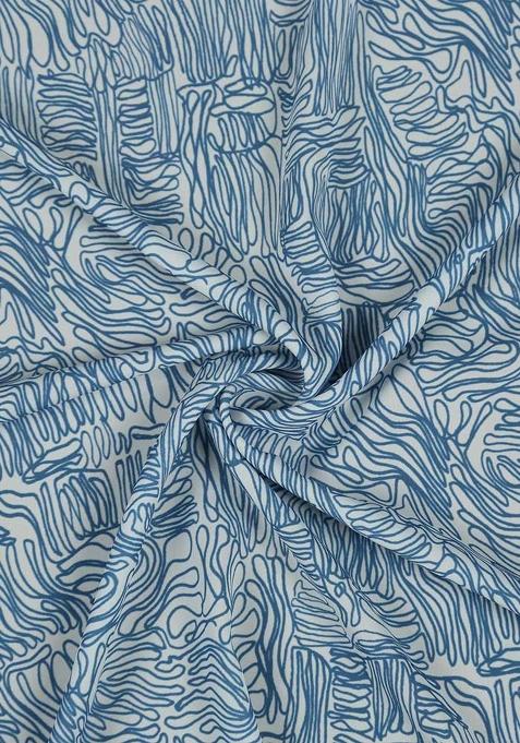 Blue And White Crepe Abstract Printed Pre Draped Saree Set