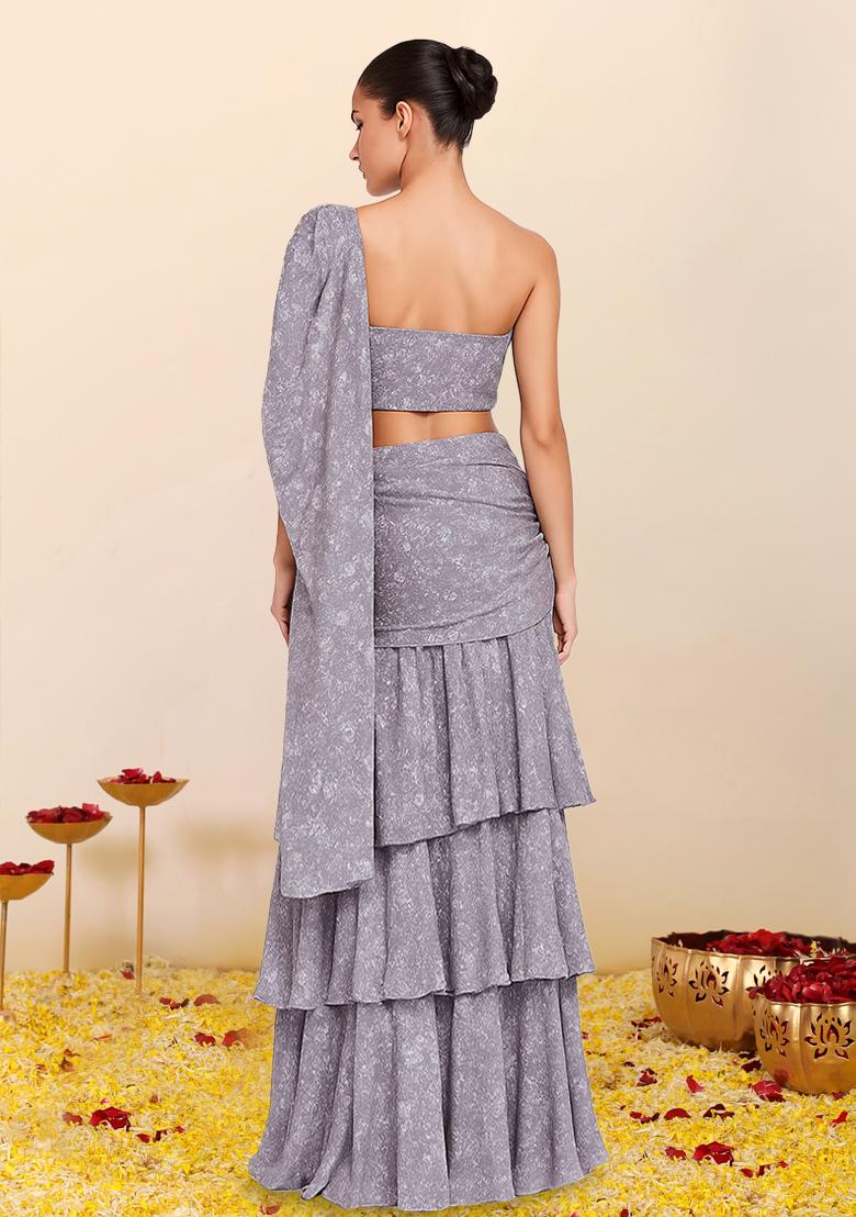 Purple Crepe Abstract Printed Pre Draped Saree Set - Indya