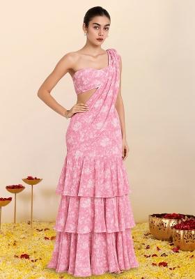 Pink Crepe Pink Printed Pre Draped Saree Set