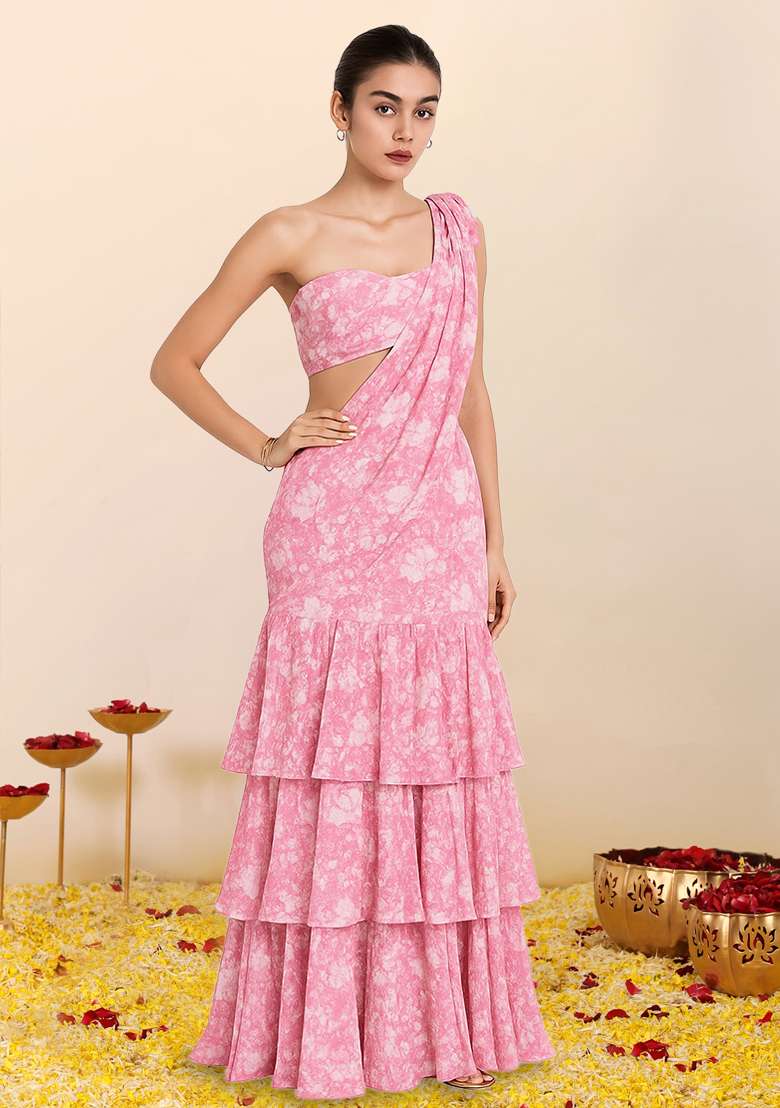 Pink Crepe Pink Printed Pre Draped Saree Set - Indya