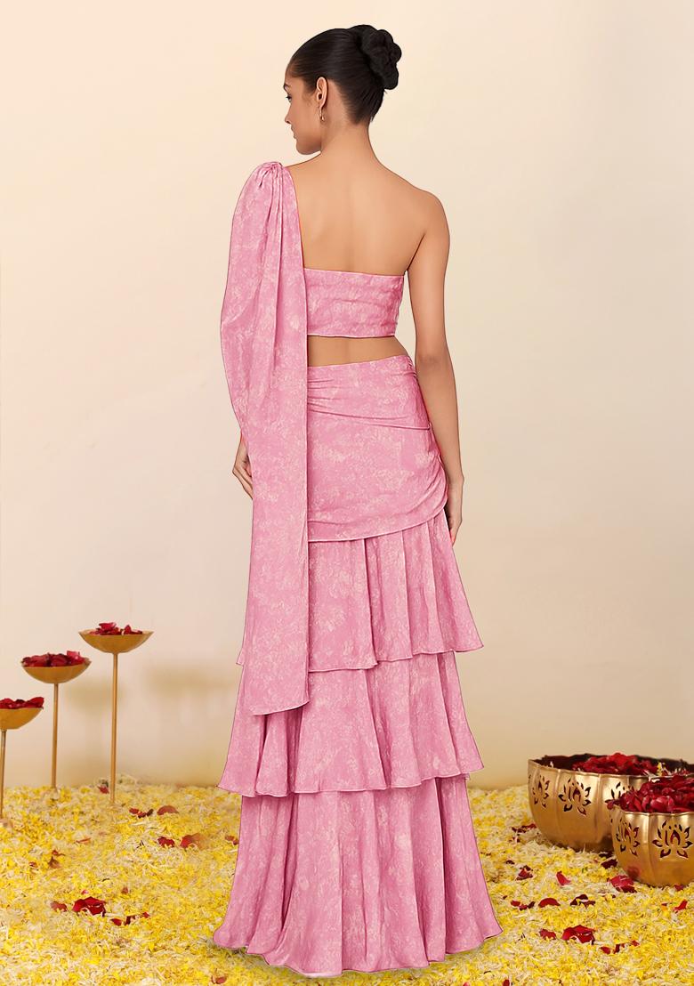 Pink Crepe Pink Printed Pre Draped Saree Set - Indya