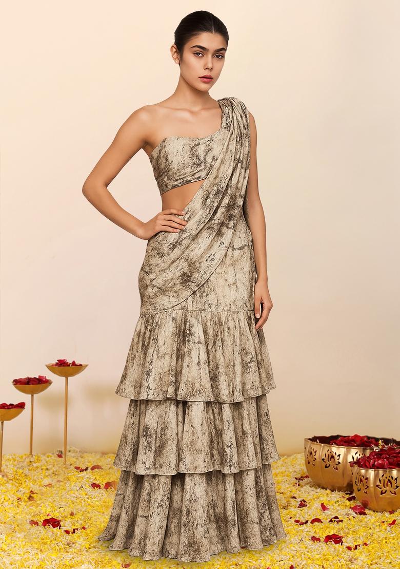 Brown Crepe Abstract Printed Pre Draped Saree Set